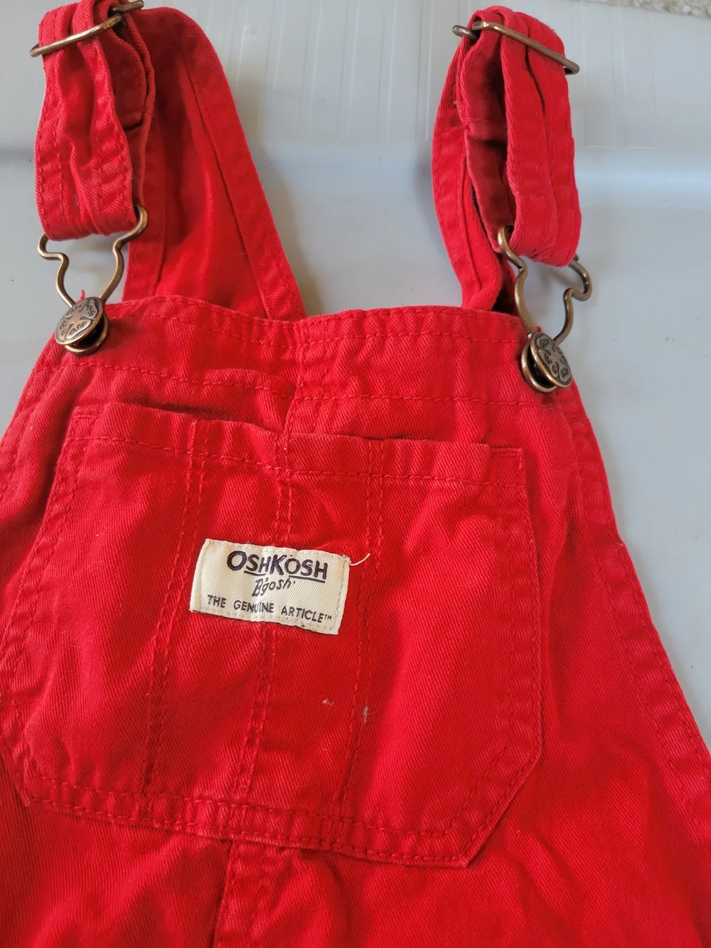 Vintage OshKosh B'Gosh Red Shortalls Girls Size 5T Lace Trim Overalls Romper